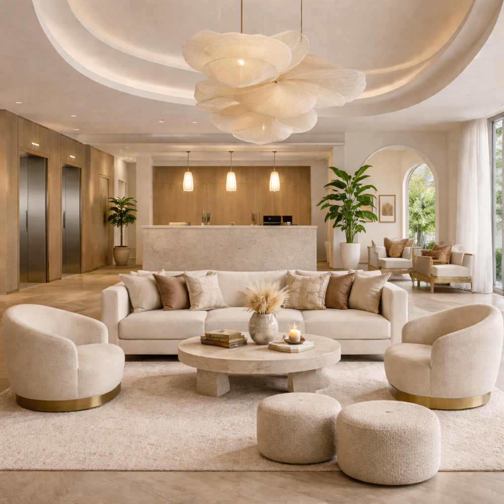 Un salon élégamment décoré avec un canapé blanc, deux fauteuils rond en tissu beige, un tapis beige clair, une table basse en pierre avec un vase de décoration et une bougie, entouré de deux plantes vertes dans des pots blancs, une fenêtre avec des rideaux blancs, une réception en arrière-plan avec trois suspensions, un plafond moderne avec une sculpture en tissu flottante.