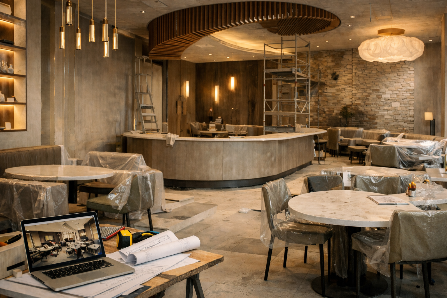 Intérieur d'un restaurant en rénovation avec tables, chaises, outils et un ordinateur portable sur une table, chantier en cours.