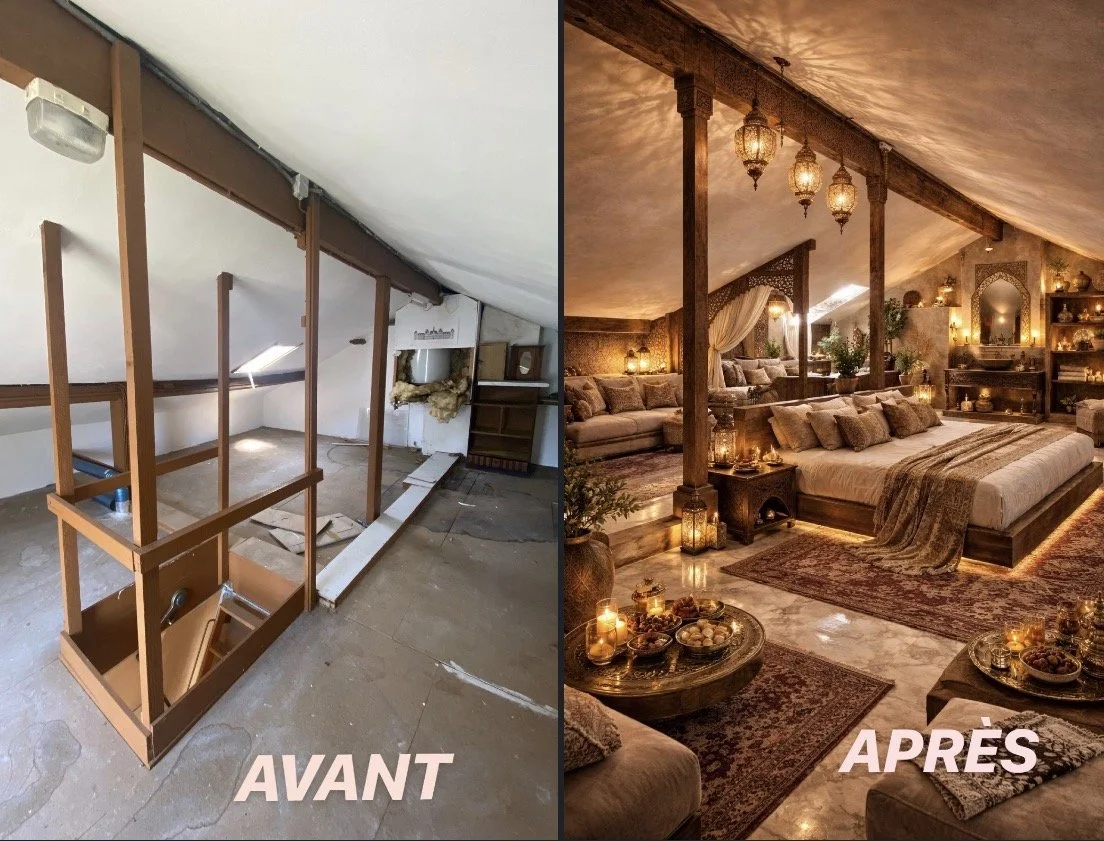 Image comparant un espace de construction ou de rénovation avant (à gauche) et une pièce aménagée et décorée de style vintage après (à droite).