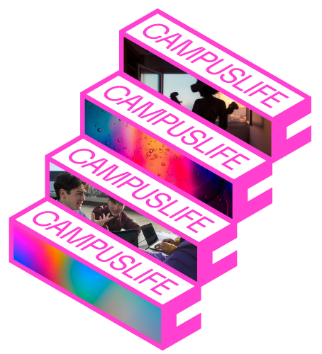 A colourful step graphic, a group of people working together in an office, and a person looking at a screen during a presentation.