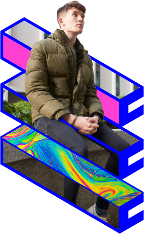 Young man sitting on a bench with abstract, colorful digital effects overlayed