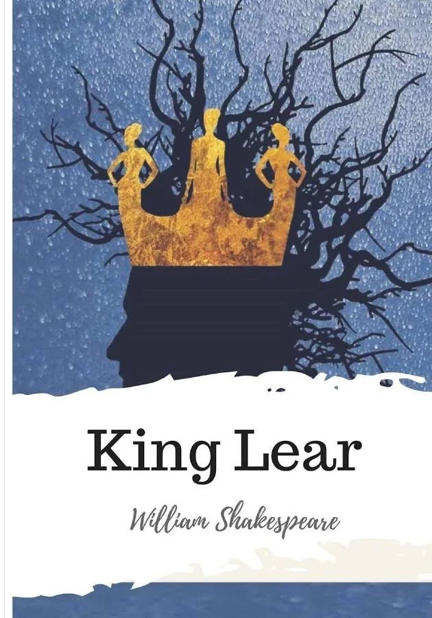 Cover of William Shakespeare's play King Lear featuring a silhouette of an elderly man's profile with a crown and leafless branches growing from his head, against a snowy background.