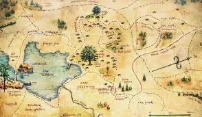A detailed illustrated treasure map showing a lake, trees, a winding path, cross marks, and various symbols suggesting a treasure hunt.