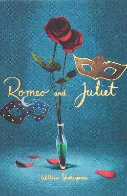 A book cover for 'Romeo and Juliet' featuring a single red rose in a green vase, two masks (one black with blue and white dots and one gold with eye holes), and scattered red rose petals.