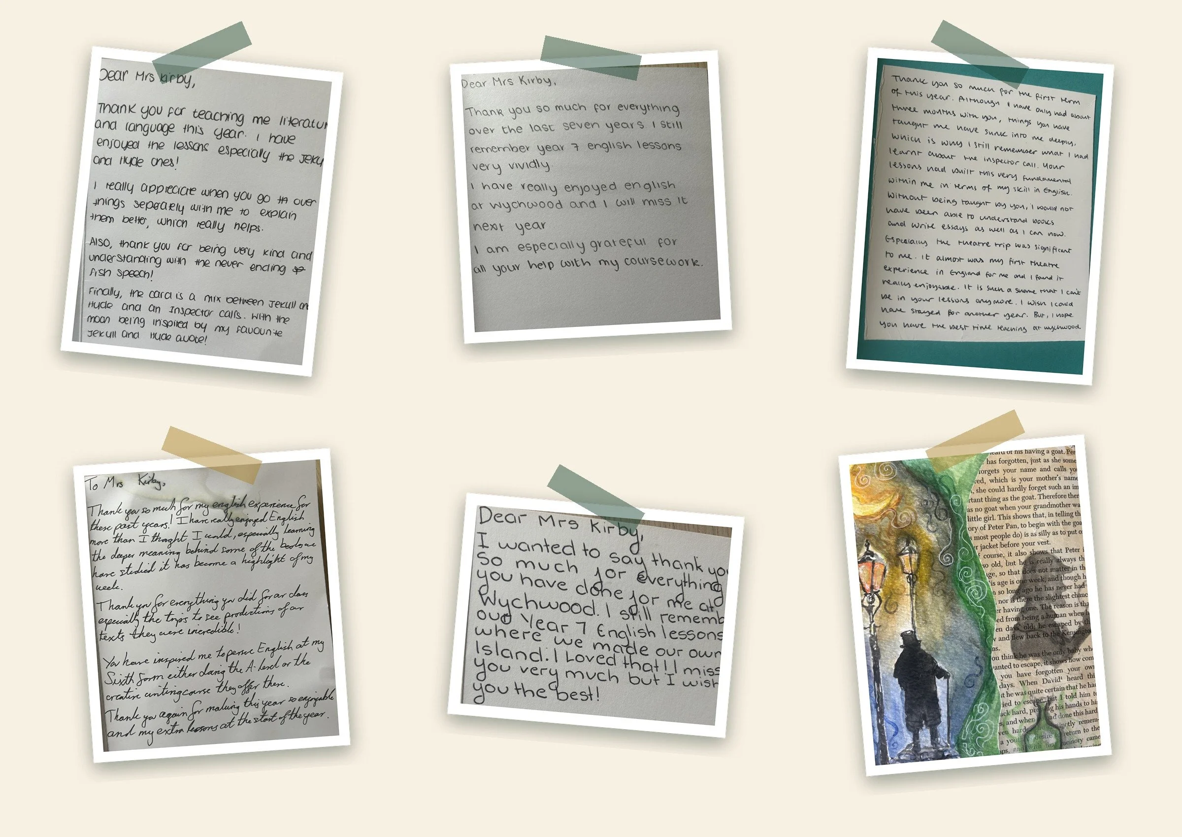 Collection of handwritten thank you notes taped to a wall.