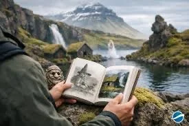 Person reading a book outdoors near a river with waterfalls and mountains in the background.