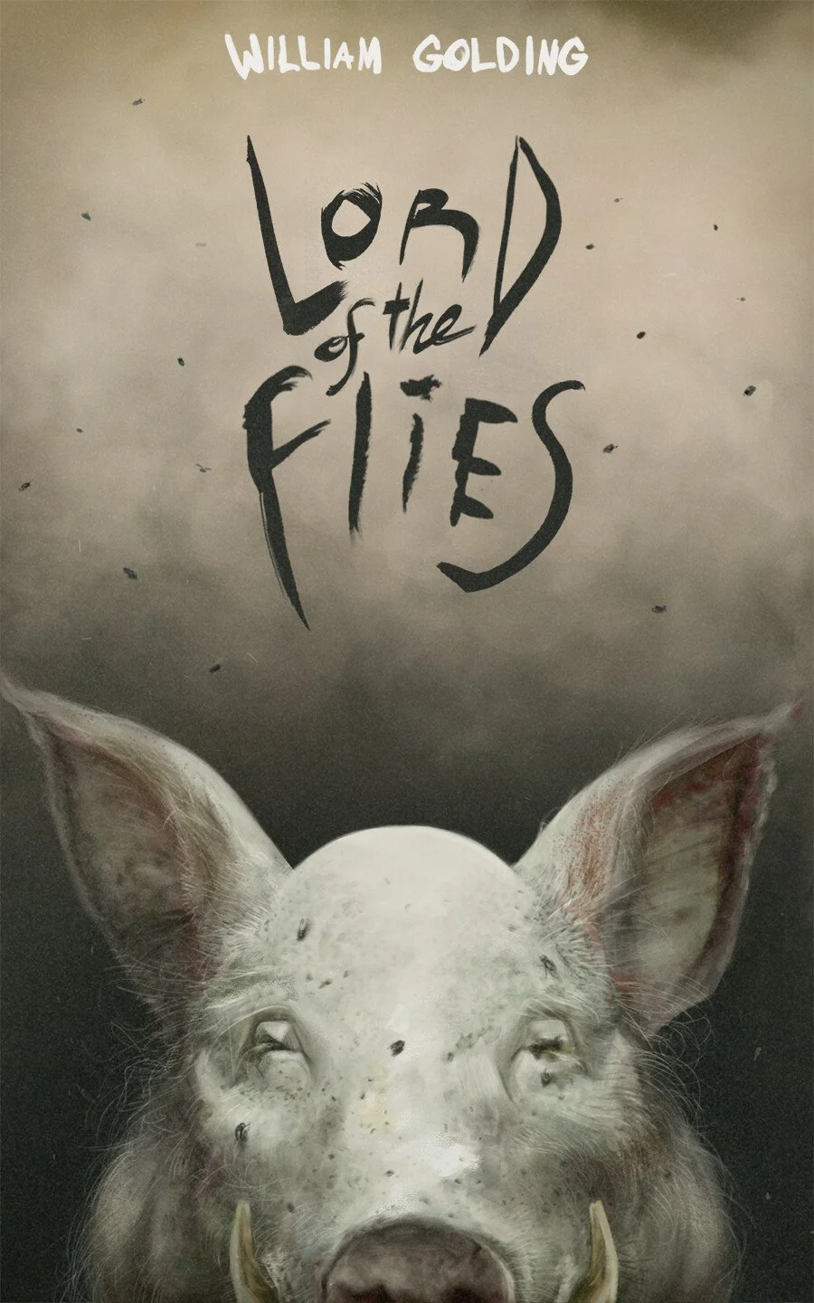 Book cover for 'Lord of the Flies' by William Golding featuring a pig's head with flies around it and the title written above in black, stylized letters.