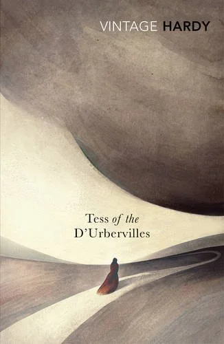 Book cover of "Tess" by D. Urbervilles, part of Vintage Hardy collection, with abstract landscape art featuring a small figure in a red coat.