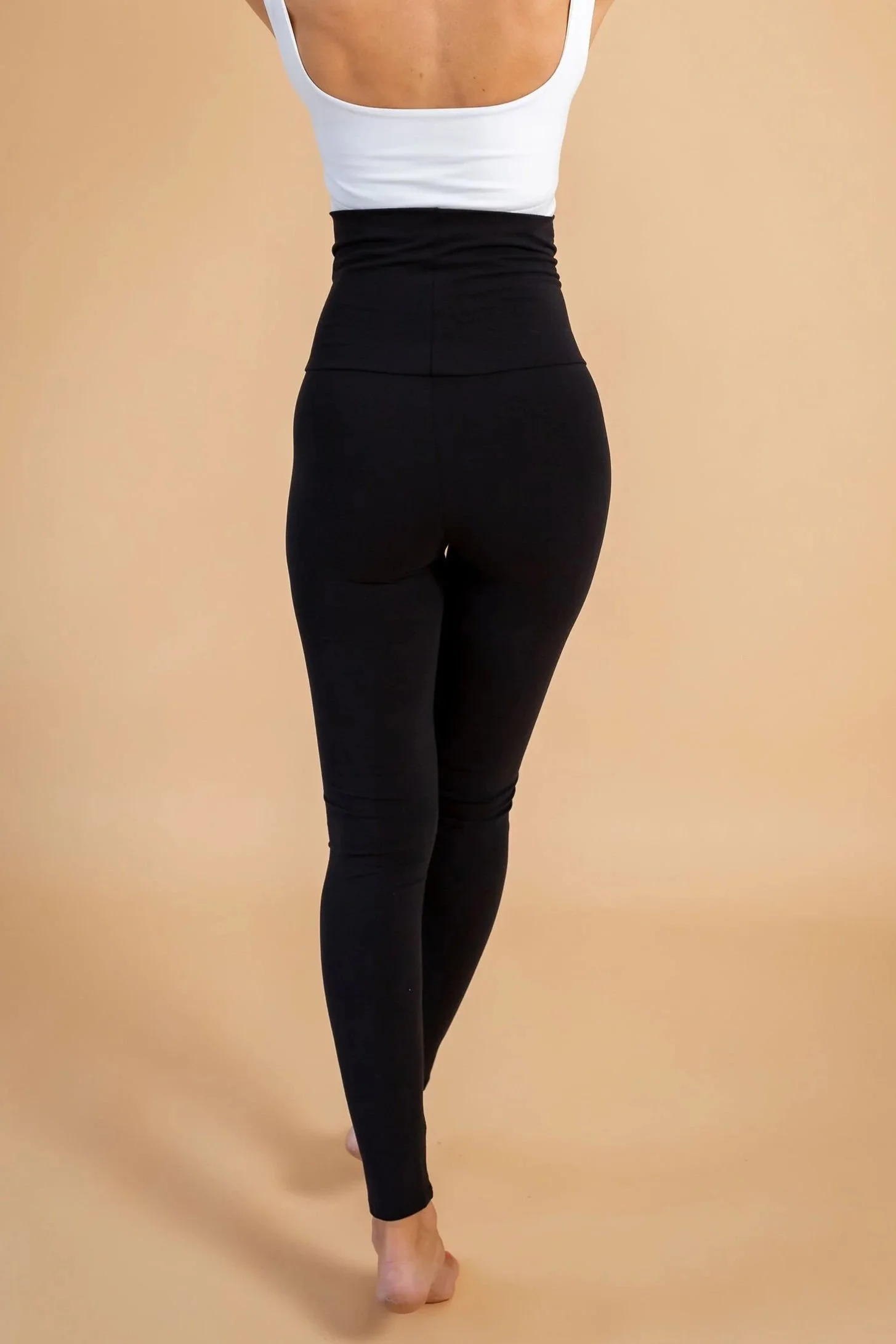 Obsidian Black Ultra Comfortable Natural Cotton Leggings, Ultra High to Low waist adjustable styles, shape support, from the back ultra-high waist