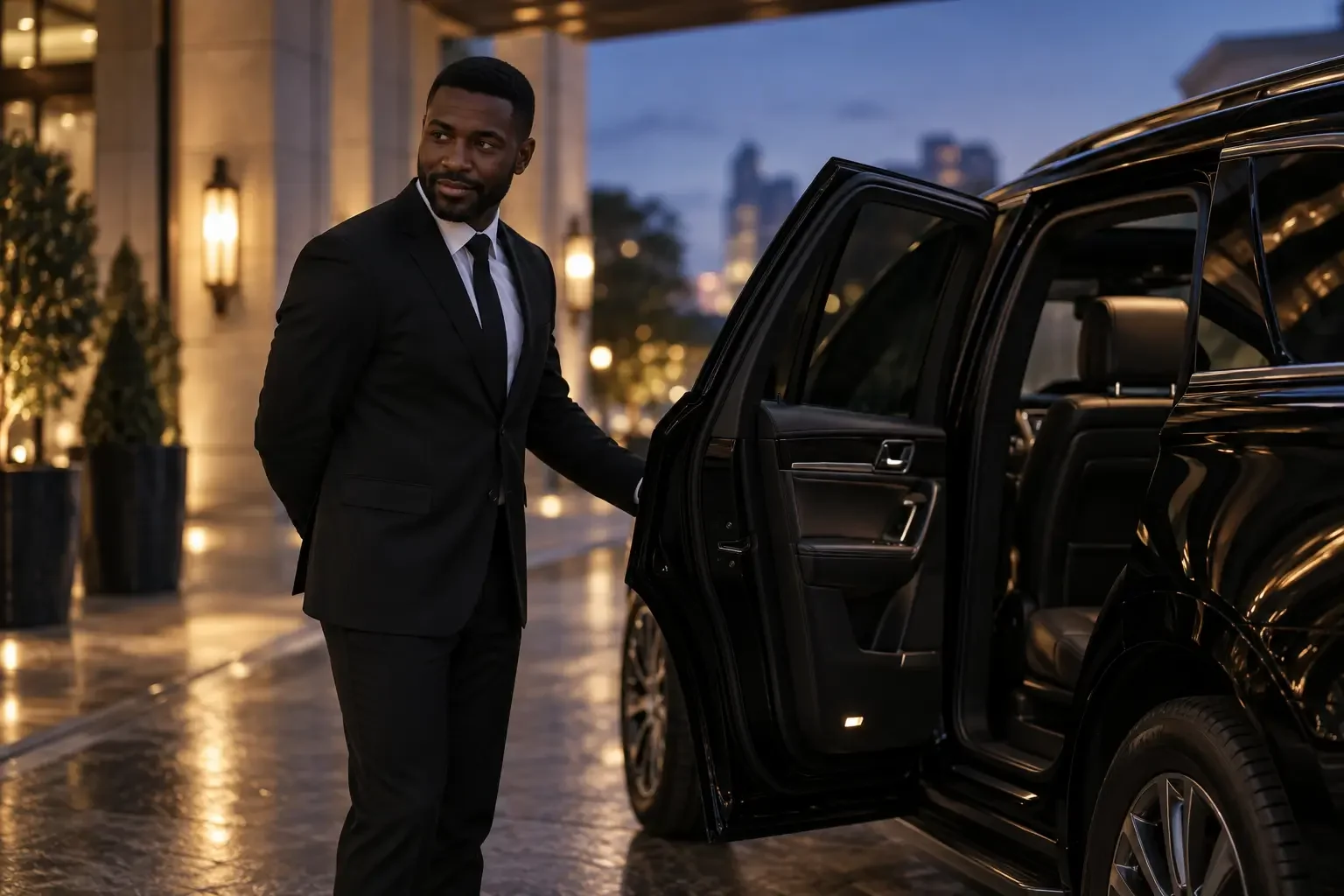 Professional chauffeur opening the rear door of a black executive SUV