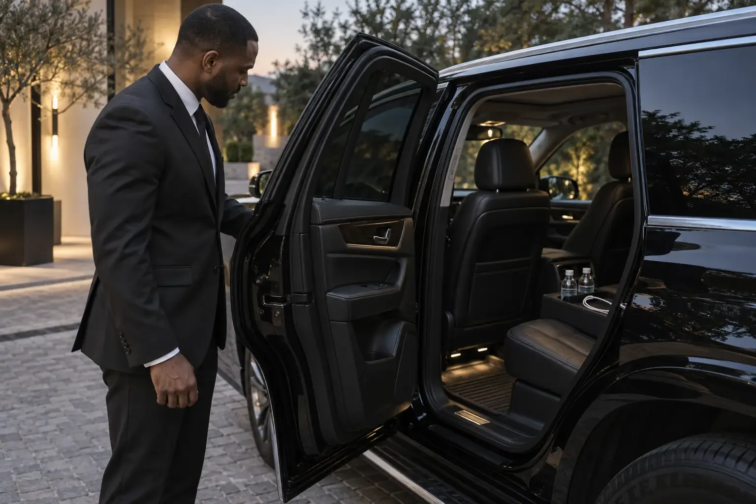 Professional chauffeur preparing a black executive SUV before service
