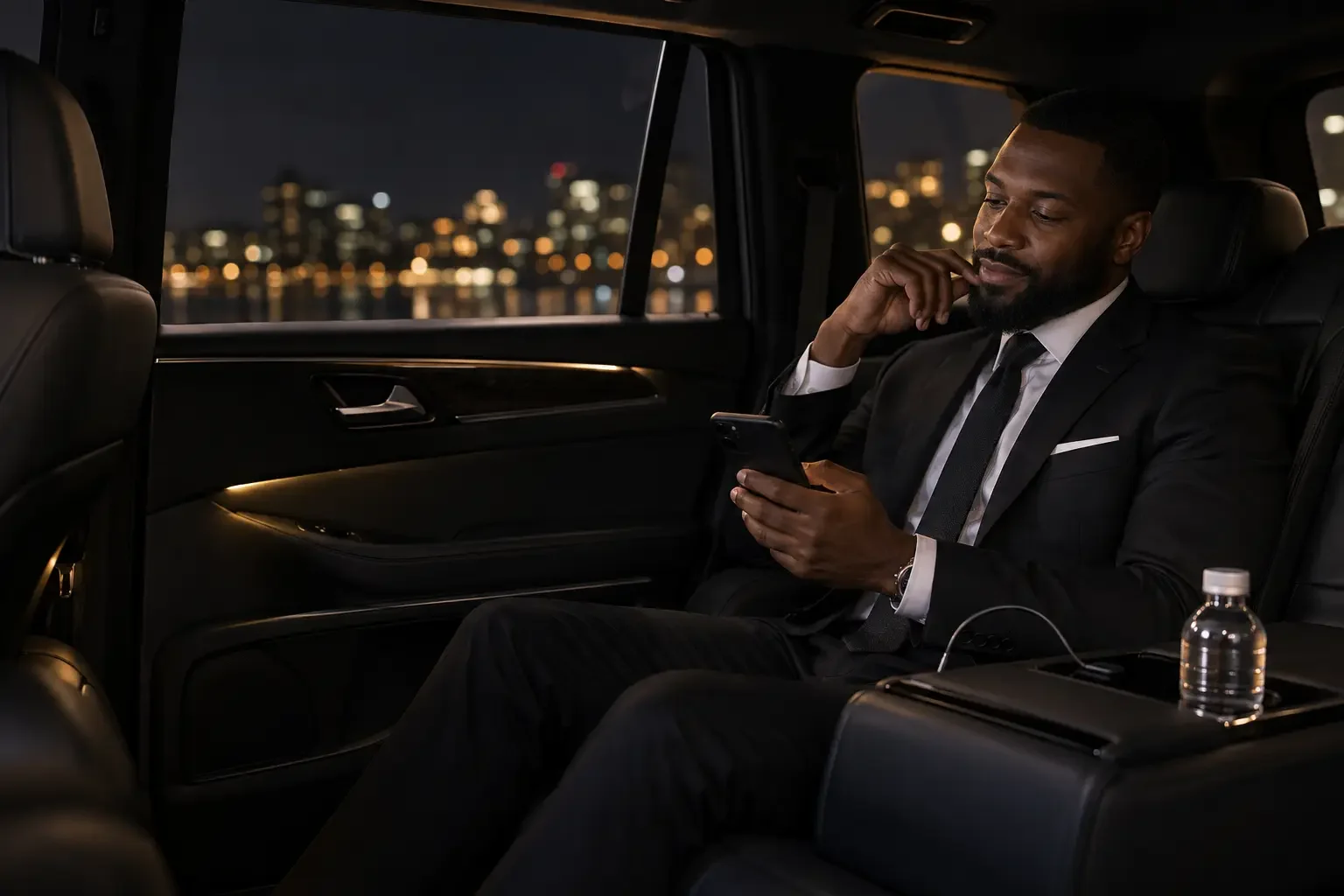 Executive passenger coordinating a private chauffeur reservation