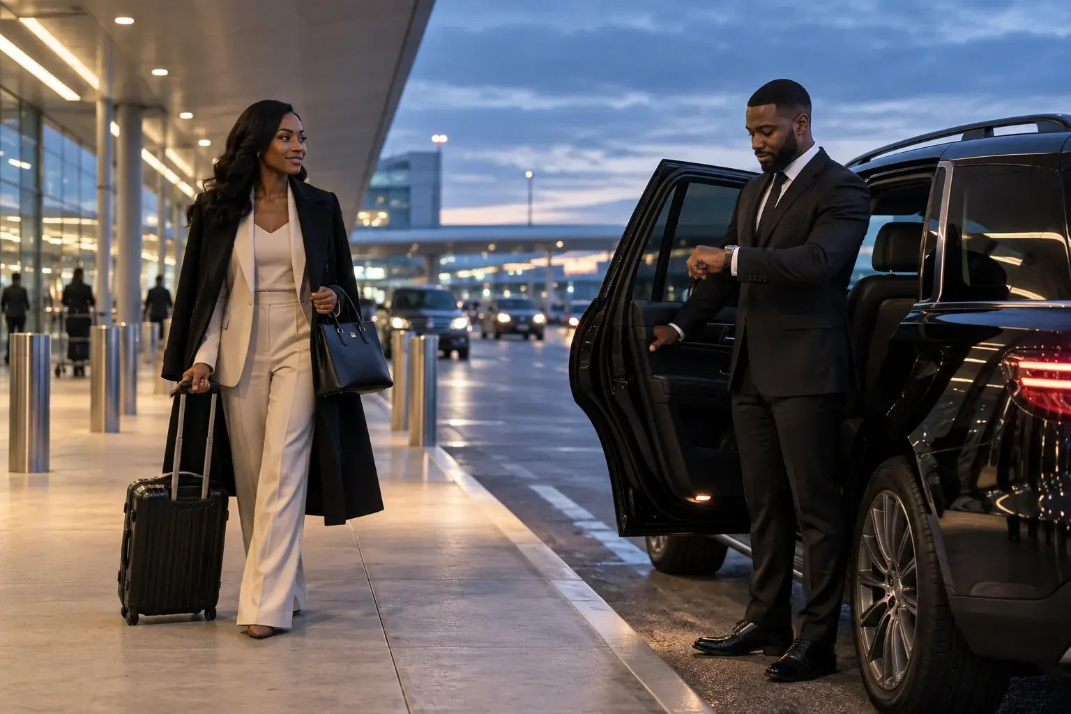 Business traveler greeted by a professional chauffeur at an airport pickup