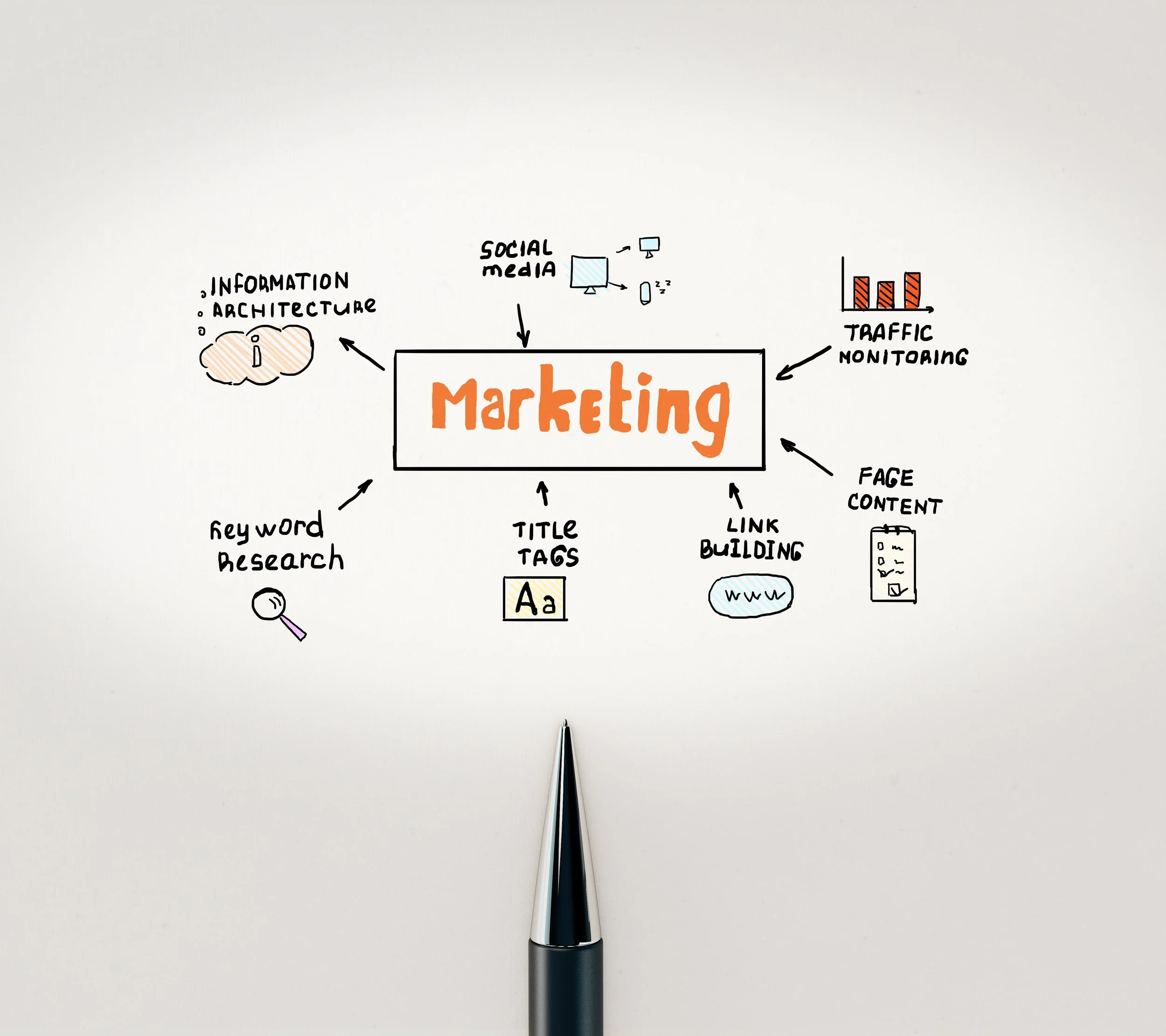 Hand-drawn marketing diagram showing keyword research, title tags, link building, page content, social media, information architecture and traffic monitoring