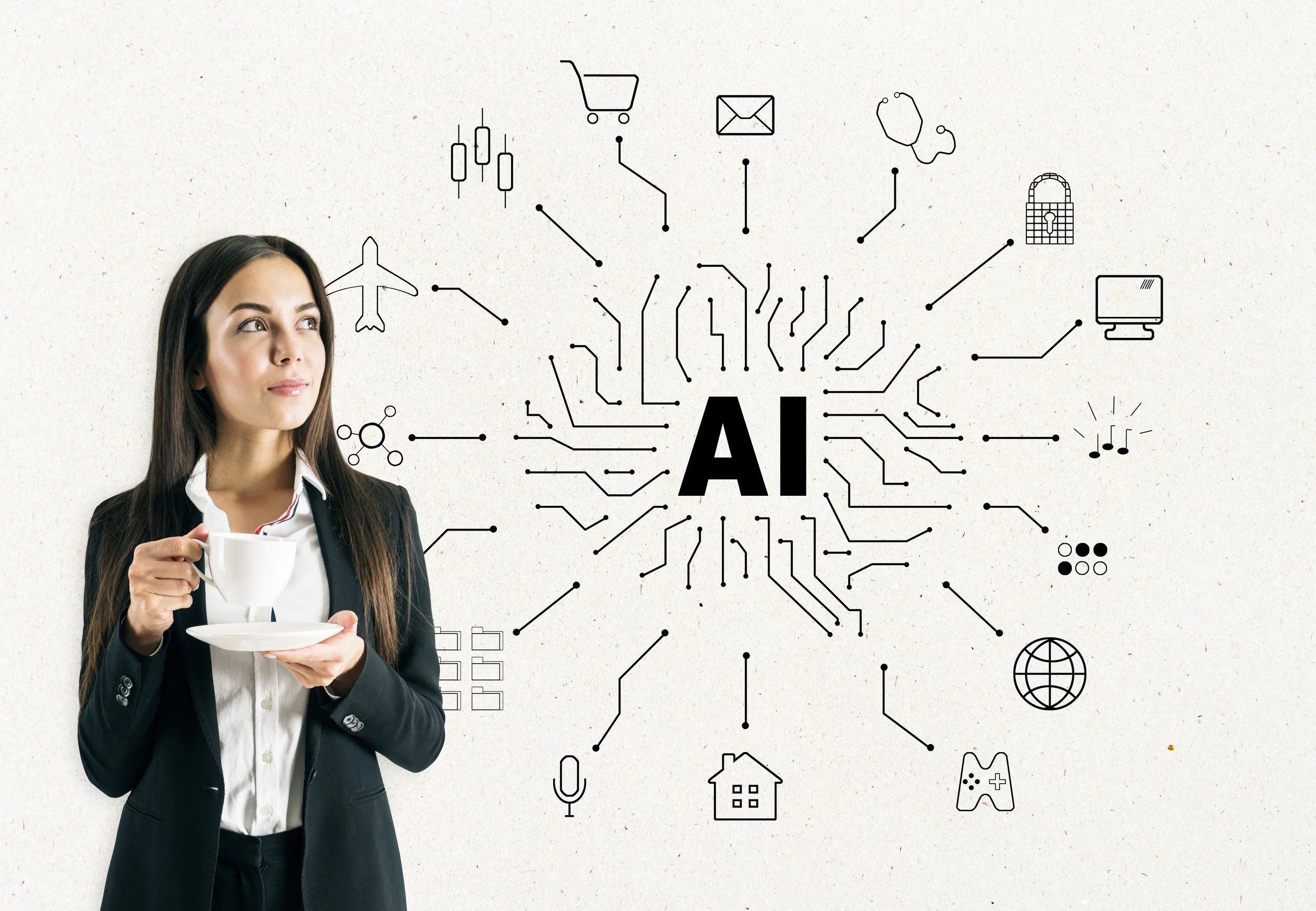 Businesswoman holding a coffee cup beside an AI graphic, with circuit lines connecting icons for online shopping, email, healthcare, security, technology and global business.