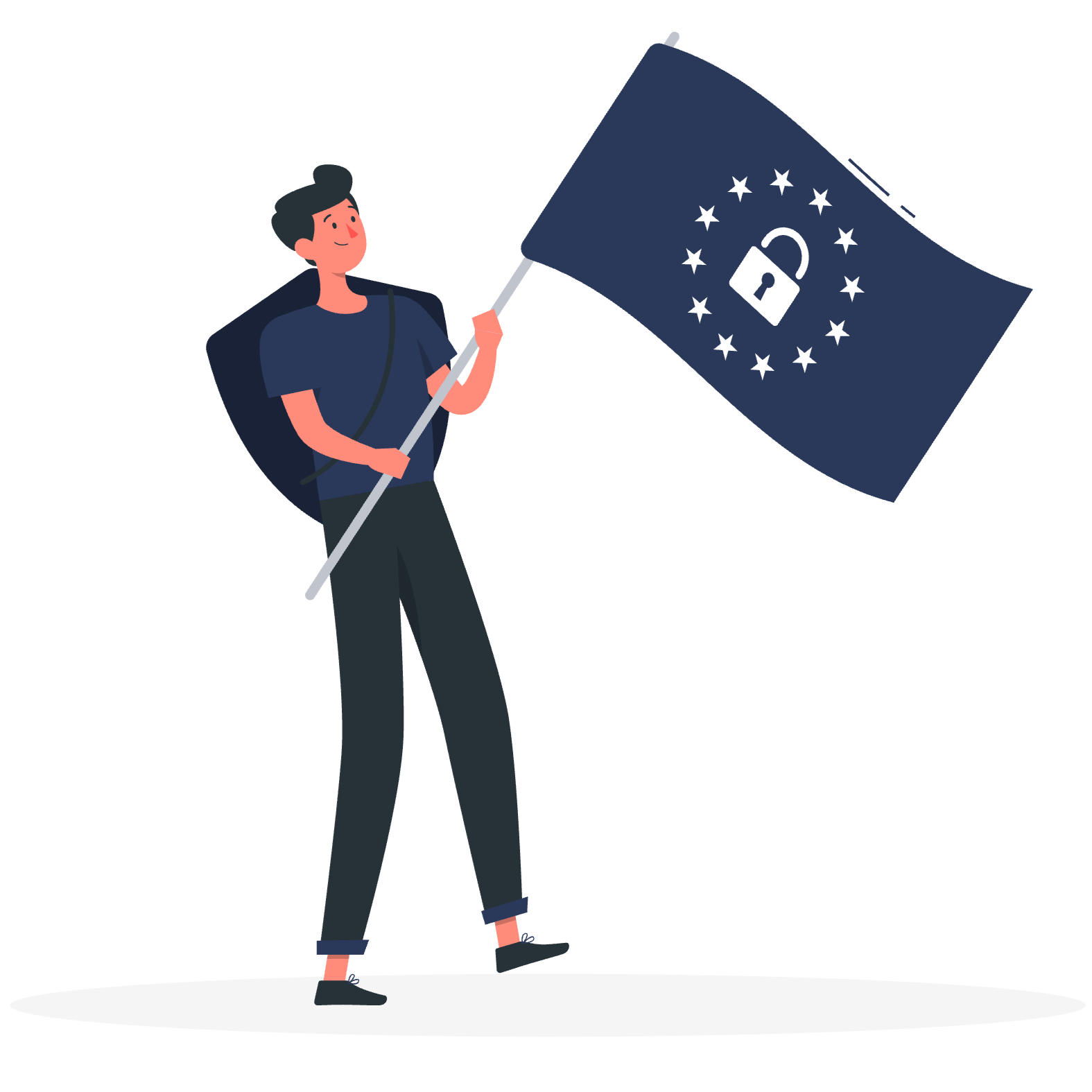 A person holds a dark blue flag with a central lock symbol surrounded by stars, symbolizing security or privacy, against a black background.