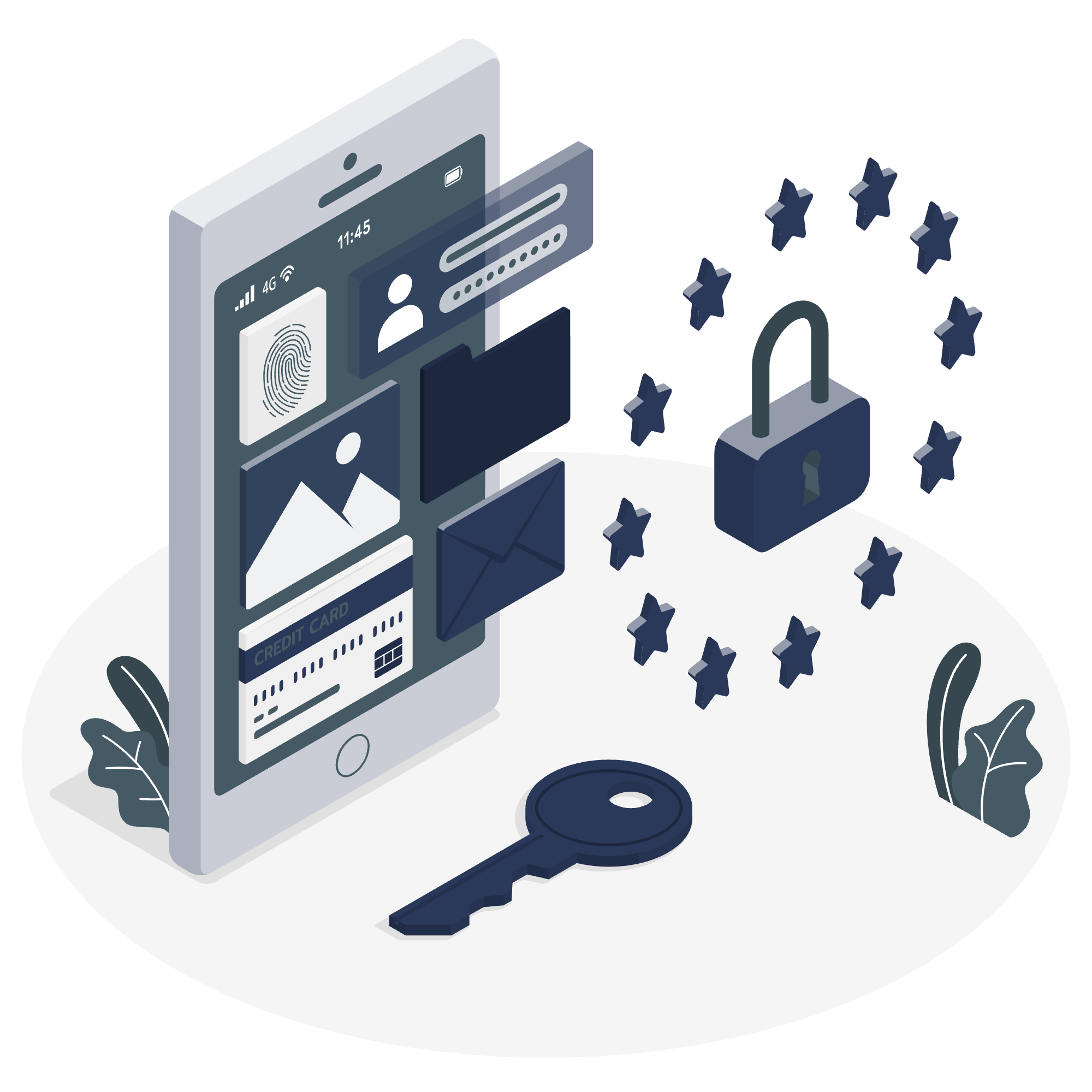 Illustration of a smartphone displaying security icons like a fingerprint, password, and credit card, surrounded by a lock, stars, and a key symbolizing cybersecurity.