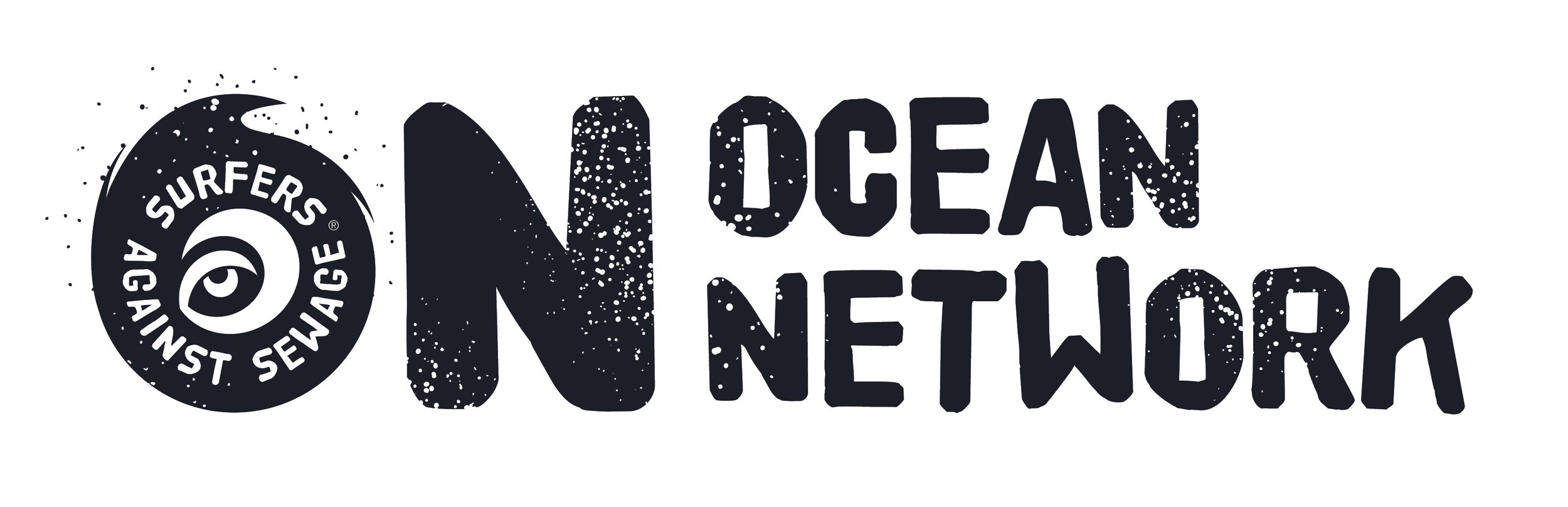 Logo of Ocean Network with a surfboard fin and a wave, featuring a spiral symbol with the text 'Surfers Against Sewage'.