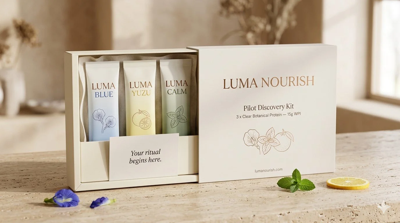 Luma Nourish Pilot Discovery Kit with three botanical protein tubes labeled Blue, Yuzu, and Calm, displayed in an open white box with a note that says "Your ritual begins here." on a wooden surface, with mint leaves, lemon slice, and small purple flowers nearby.