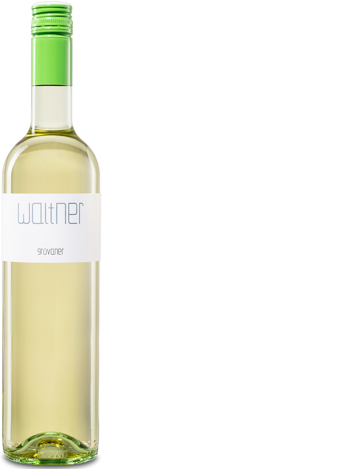 Eine Flasche Weißwein vom Weingut Waltner mit einem Etikett mit der Aufschrift "Grüvaner Wagram".