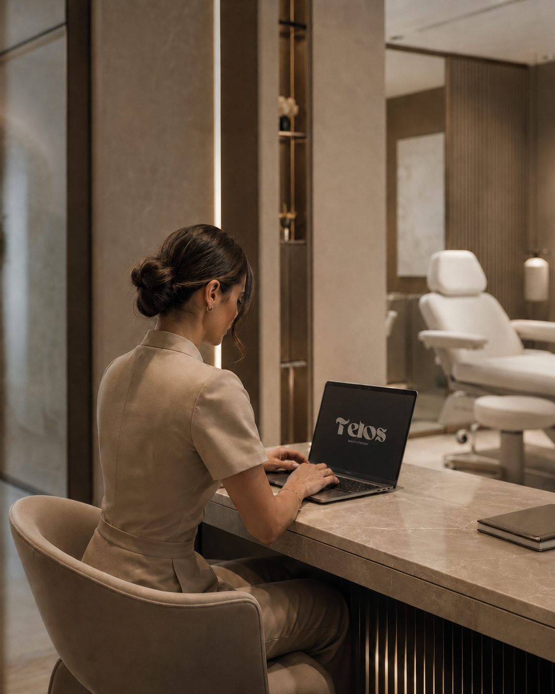 Une femme assise assistant à une formation marketing en ligne depuis un ordinateur portable dans un environnement moderne et élégant