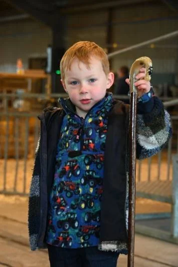 A young boy with red hair and fair skin holding a shepherd's crook inside a barn or farm building.