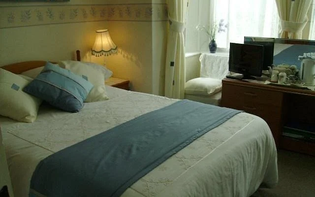 A cozy hotel room with a bed, pillows, and a blue bed runner. There is a bedside lamp, a window with curtains, and a dresser with a TV and various items on top.
