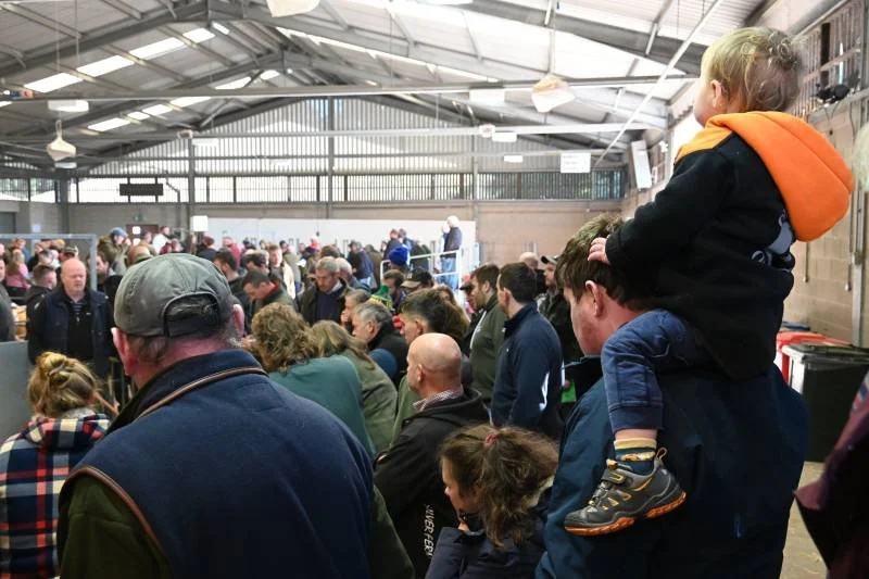 Crowd of people waiting in line inside a large indoor venue with a high ceiling.