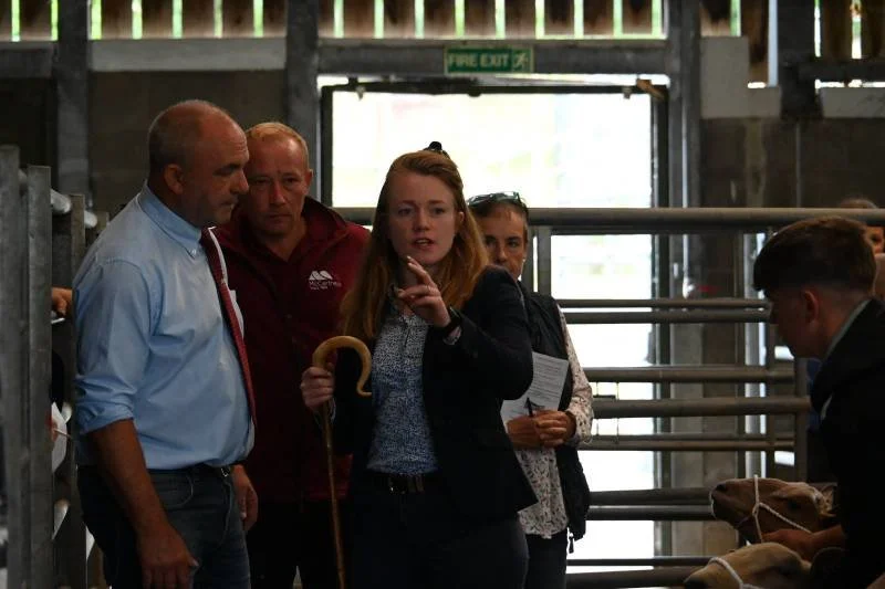 A group of five people in an indoor barn-like setting, gathered around a calf. One woman is gesturing with her finger while holding a cane, and others are watching her. The background shows metal railings and open barn doors.
