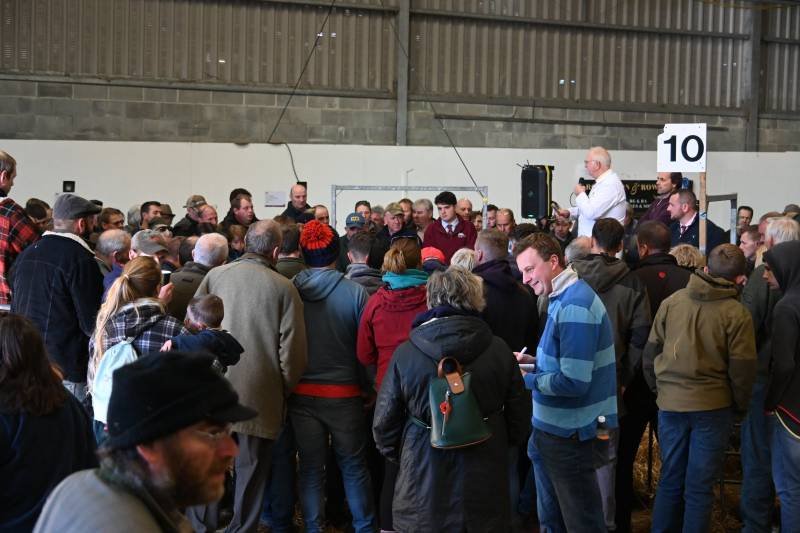 A large group of people gathered indoors at an auction or event, with a man speaking into a microphone and a sign with the number 10.