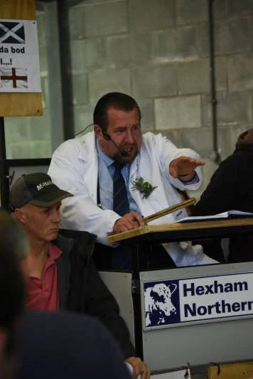 A man wearing a white lab coat and speaking into a microphone, seated at a desk with a sign that says 'Hexham Northern,' in what appears to be a livestock auction or auction house.