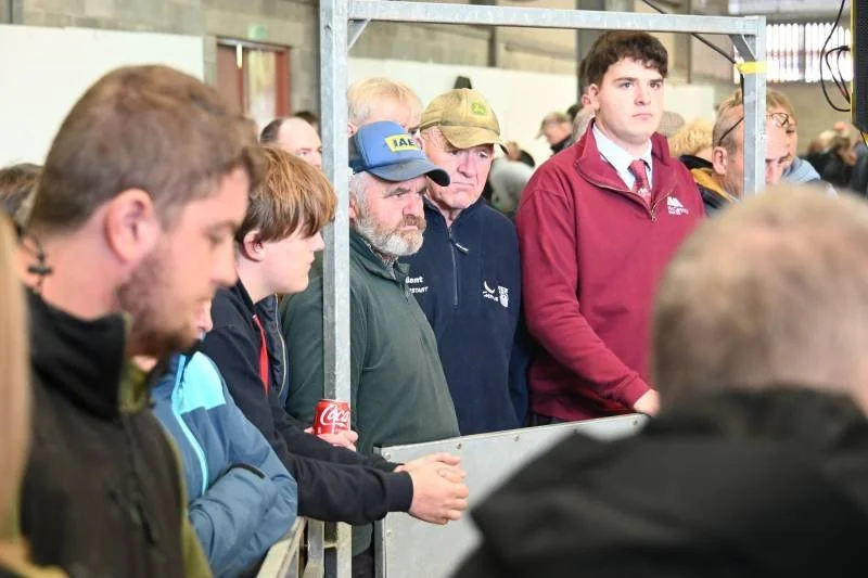 Group of people standing behind a barrier at an indoor event, some wearing hats and jackets, observing something off-camera.