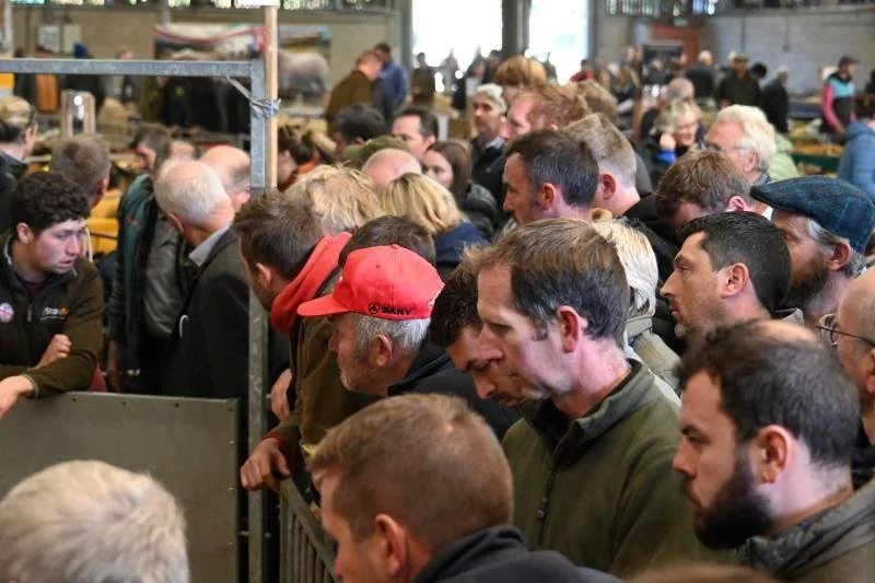 Crowd of people standing closely together in an indoor setting, some looking at exhibits or displays, with a person in the front wearing a green jacket and others wearing hats or jackets.