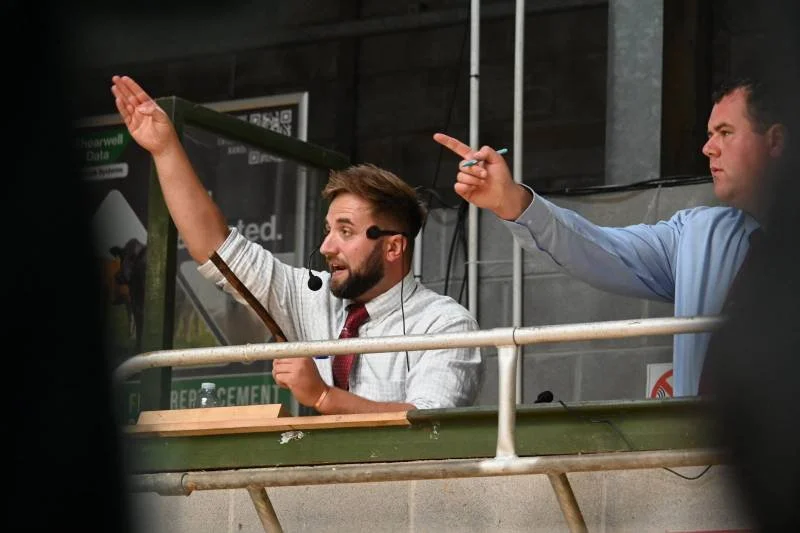 Two men are engaged in a discussion or auction, with one man speaking into a headset microphone and gesturing upwards, and the other man pointing directly at him, both standing behind a metal railing.
