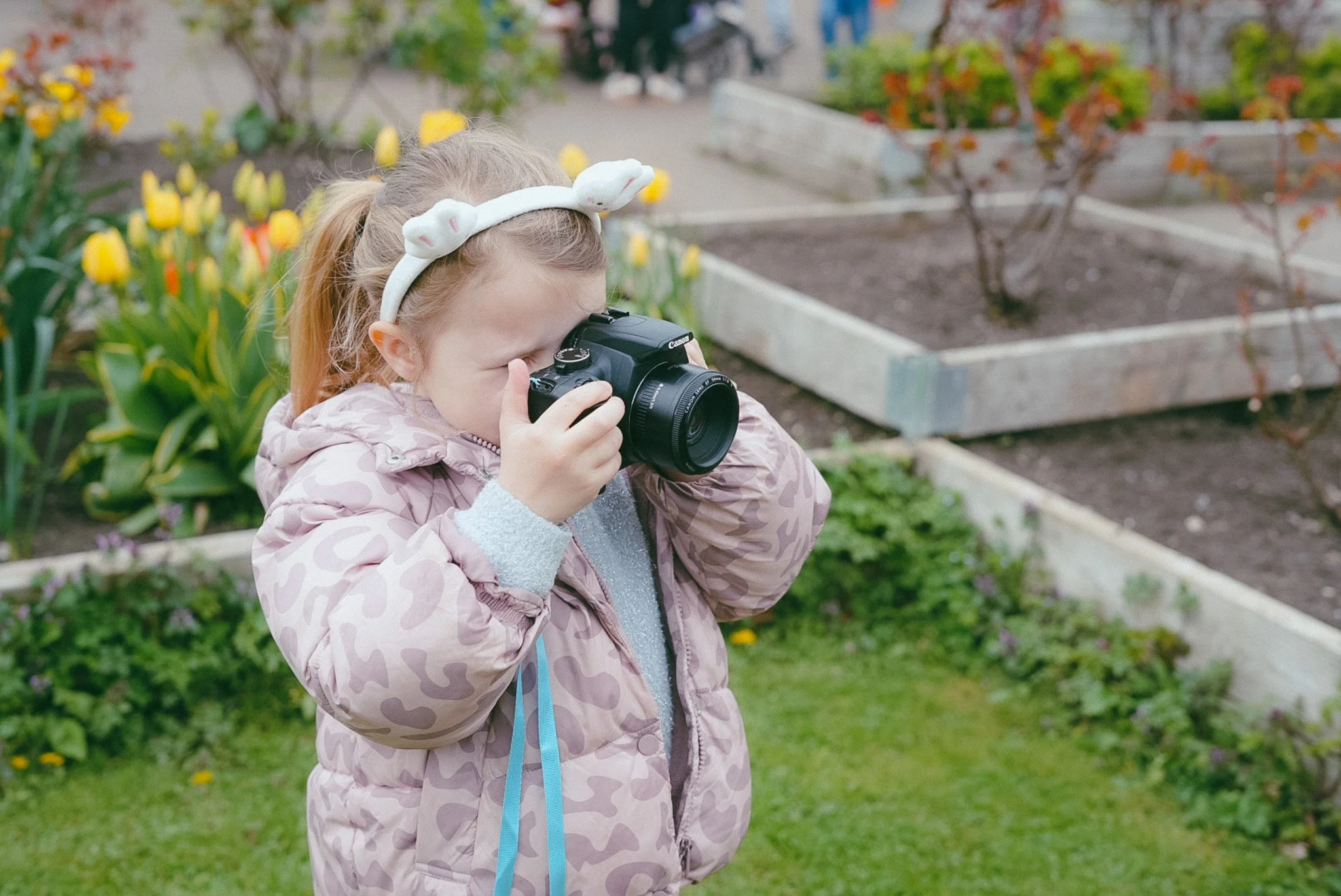 A young girl wearing a pink jacket and a white headband with bunny ears, holding a camera up to her face and taking a picture in a garden with blooming yellow tulips and green grass.