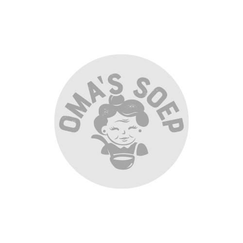 Logo van Oma's Soep. Illustratie van een oma aan het koken met de tekst 'Oma's Soep'.