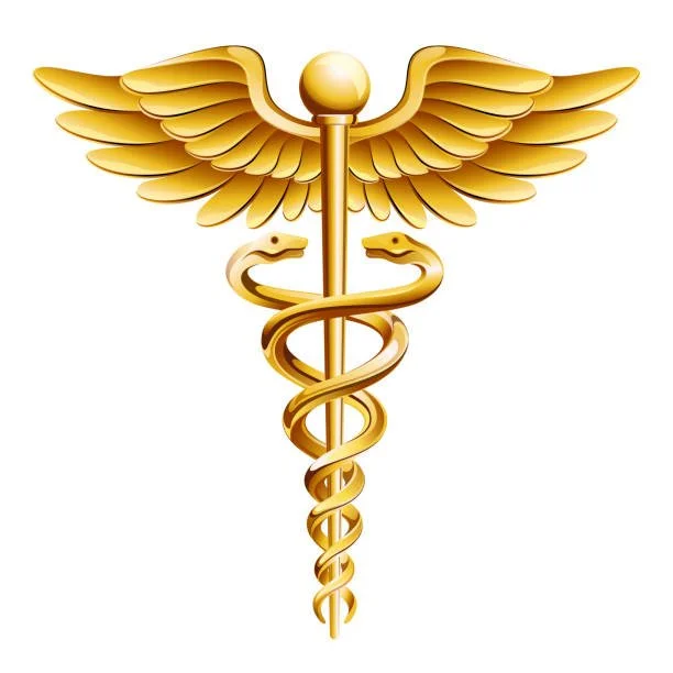 Gold caduceus symbol with two snakes wrapped around a staff and wings at the top.