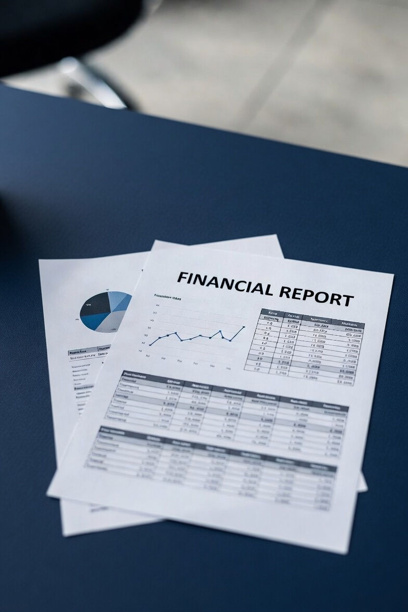 Financial report papers with charts and tables on a blue table.