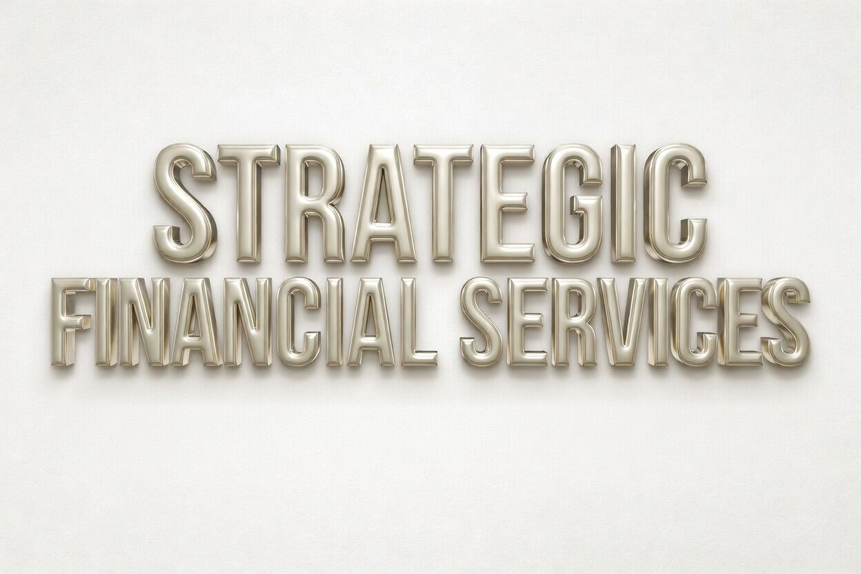 The phrase "STRATEGIC FINANCIAL SERVICES" written in metallic, shiny, 3D block letters on a white background.