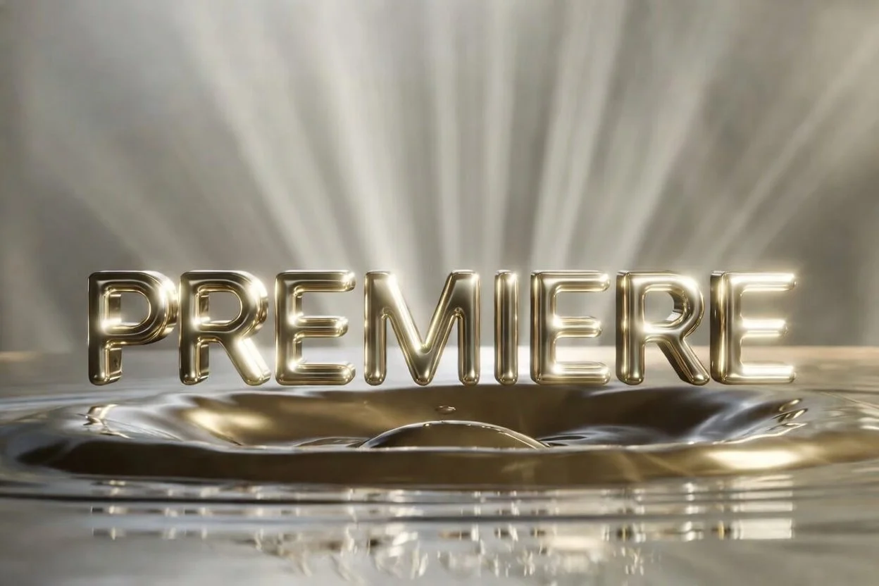 Golden balloon letters spell out 'PREMIERE' on a shiny surface with rays of light illuminating from behind.