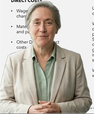 A mature woman in a beige blazer and green shirt standing in front of a presentation slide about direct costs.