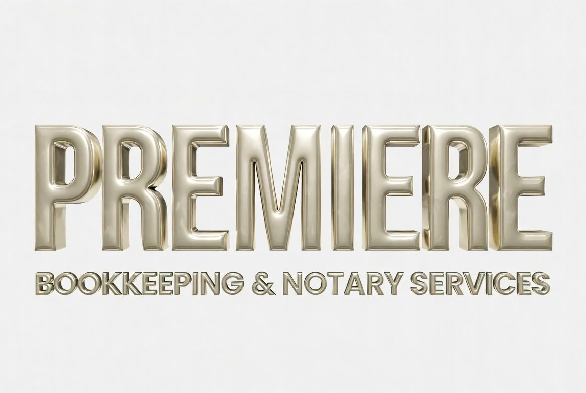 Silver balloon letters spelling 'PREMIERE' with smaller text below reading 'BOOKKEEPING & NOTARY SERVICES' on a white background.