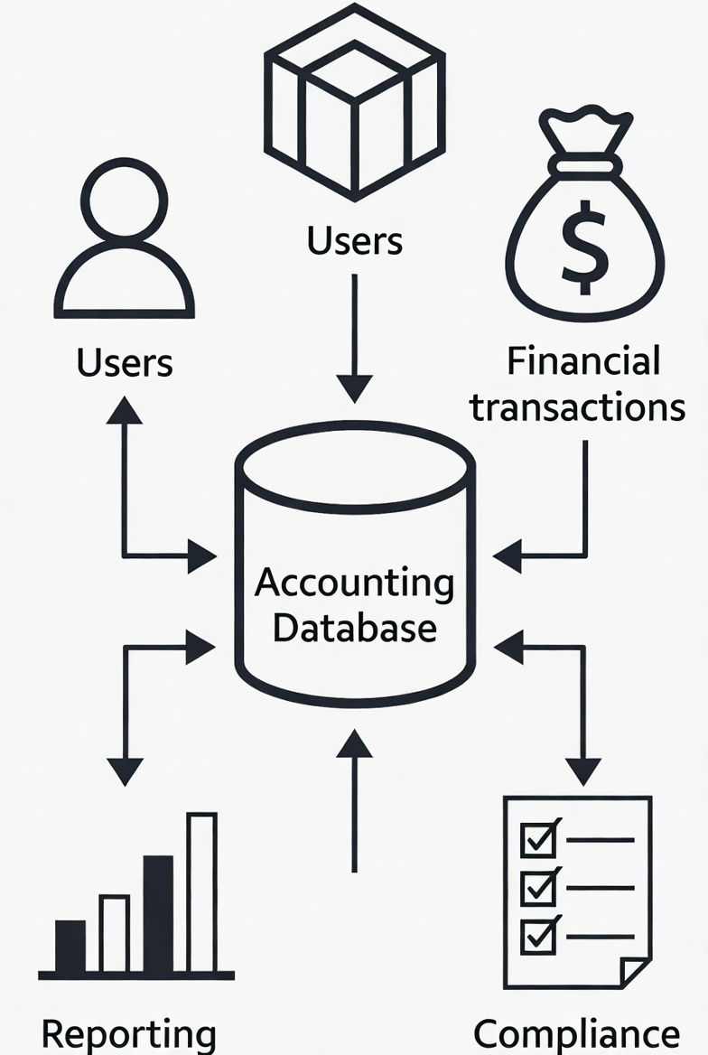 Diagram showing the flow of data between users, an accounting database, and various processes like reporting and compliance, including financial transactions.