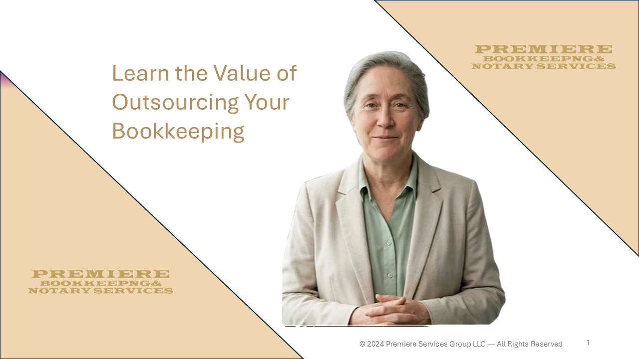 A presentation slide about outsourcing bookkeeping with a photo of an older woman in a beige blazer and green shirt. The slide has a professional design with beige, white, and purple colors and includes the text 'Learn the Value of Outsourcing Your Bookkeeping.' The company name, Premiere Bookkeeping & Notary Services, is displayed in gold text.