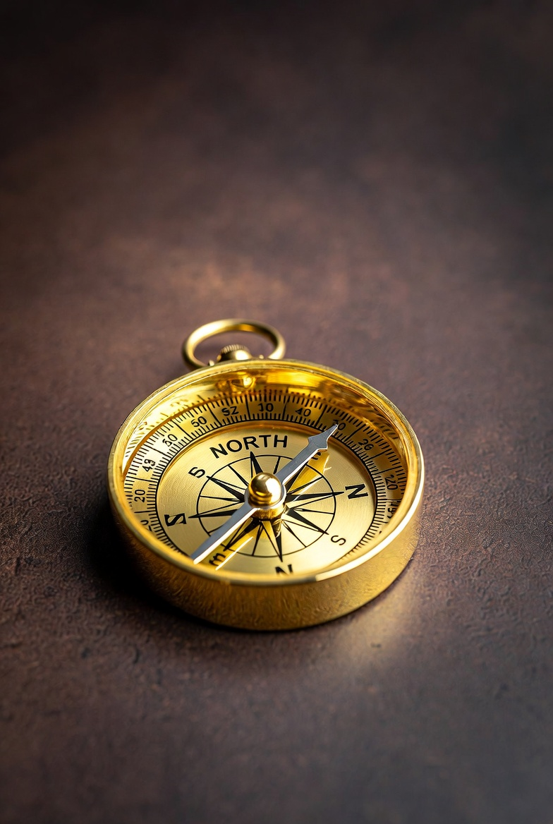 Close-up of a gold compass with a black and gold face, showing north and other directions, placed on a dark textured surface.