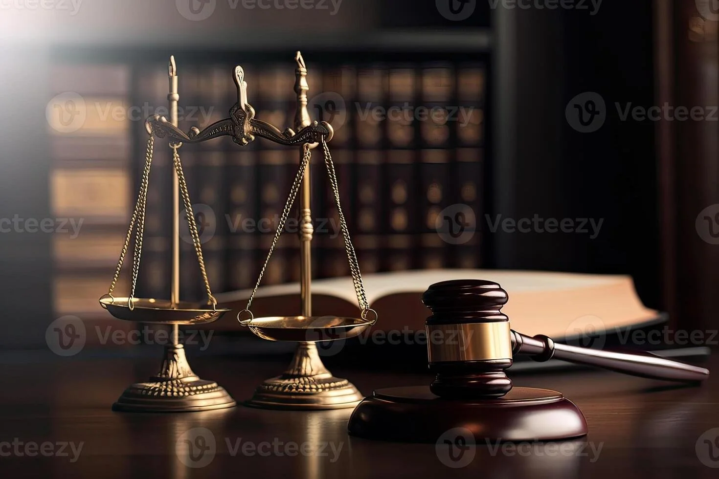 A set of balanced scales, a gavel, and a large law book in a dimly lit room, symbolizing justice and law.