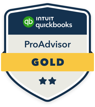 Intuit QuickBooks ProAdvisor Gold badge with green logo, blue and yellow design, and two stars at the bottom.