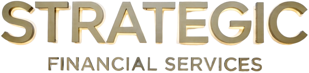 3D text reading "STRATEGIC FINANCIAL SERVICES" with "STRATEGIC" in large gold letters and "FINANCIAL SERVICES" in smaller gray letters below it.