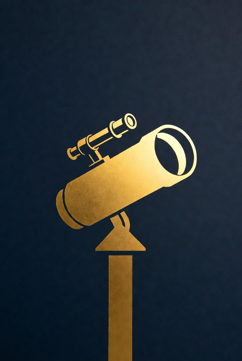 Gold-colored illustration of a telescope mounted on a stand against a dark blue background.