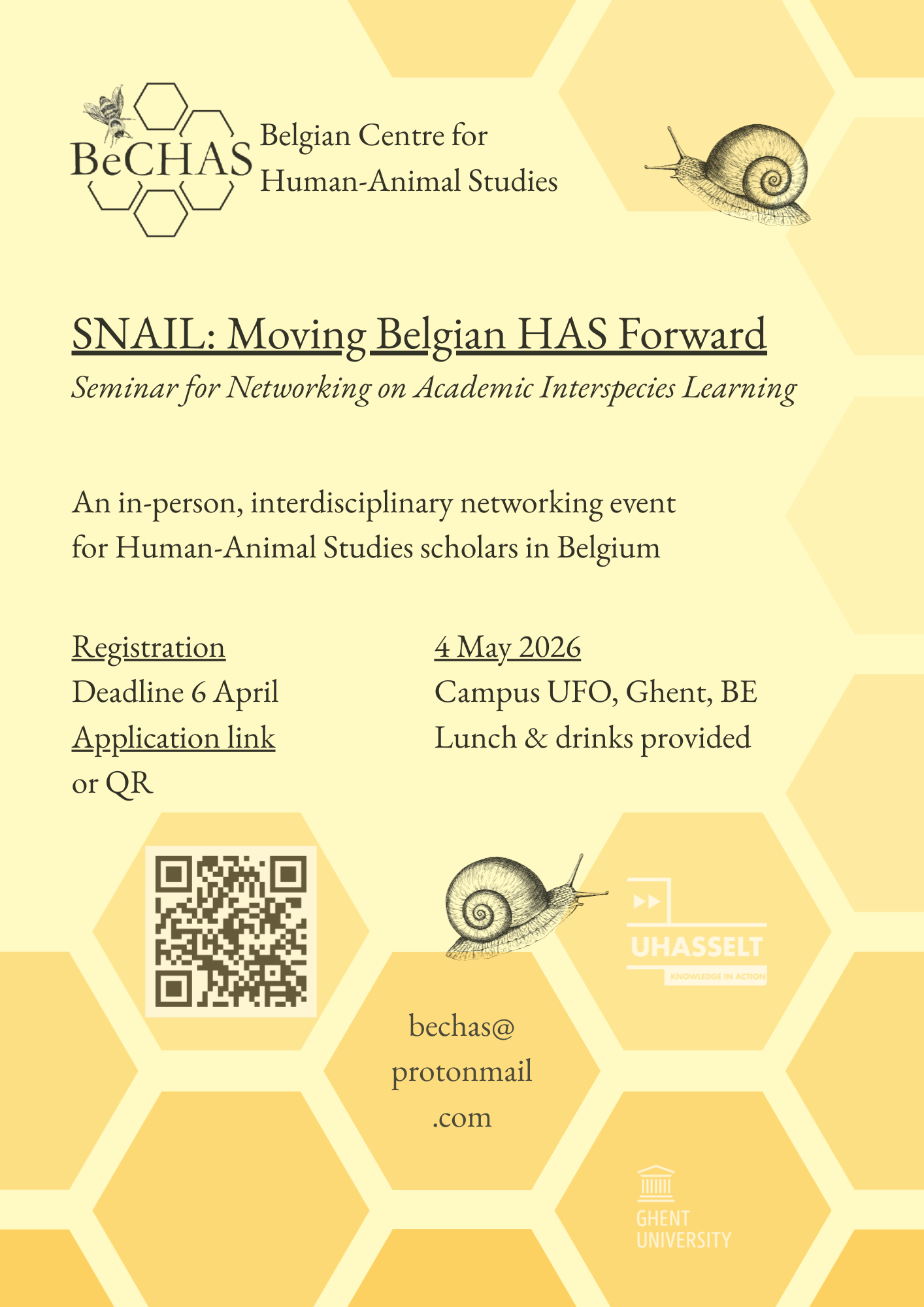 Flyer for the Seminar for Networking on Academic Interspecies Learning. The flyer holds all practical information, and is a soft yellow with a honeycomb pattern and snome line-drawings of snails.